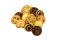 A group of assorted cookies. Chocolate chip, oatmeal, raisin, Danish cookies and biscuits in the shape of a spiral pattern isolate