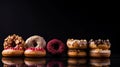Group of assorted donuts with chocolate frosted, pink glazed and sprinkles donuts.