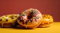 Group of assorted donuts. Chocolate, pink, yellow, green and red on colored background.