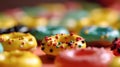 Group of assorted donuts. Chocolate, pink, yellow, green and red on colored background.