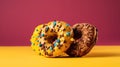 Group of assorted donuts. Chocolate, pink, yellow, green and red on colored background.