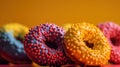 Group of assorted donuts. Chocolate, pink, yellow, green and red on colored background.