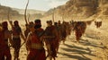A group of Assyrian archers march through a desert landscape their bows and quivers slung over their shoulders