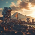 Astronauts Exploring Alien Landscape with Flags on Mars-like Terrain Royalty Free Stock Photo