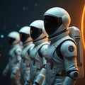 Group of astronauts in futuristic white spacesuits stand in row. Crew of space explorers ready for mission. Future tech, Royalty Free Stock Photo