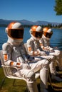 Group of astronauts sitting on top of bench next to body of water. Generative AI