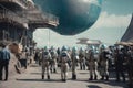 Group of Astronauts in Space Suits Standing in Front of a Enormous Object.. Generative AI.