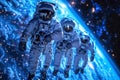 group astronauts in spacesuit hovers in outer space in orbit planet, background of colored constellations. AI generated.