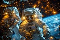 group astronauts in spacesuit hovers in outer space in orbit planet, background of colored constellations. AI generated.