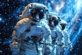 group astronauts in spacesuit hovers in outer space in orbit planet, background of colored constellations. AI generated.
