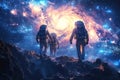 group astronauts in spacesuit hovers in outer space in orbit planet, background of colored constellations. AI generated.