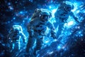 group astronauts in spacesuit hovers in outer space in orbit planet, background of colored constellations. AI generated.