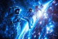 group astronauts in spacesuit hovers in outer space in orbit planet, background of colored constellations. AI generated.