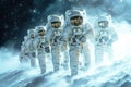 group astronauts in spacesuit hovers in outer space in orbit planet, background of colored constellations. AI generated.
