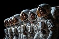 group astronauts in spacesuit hovers in outer space in orbit planet, background of colored constellations. AI generated.