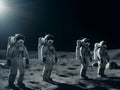 Group of astronauts standing on the lunar surface during the daytime. AI-generated.