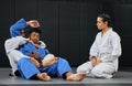 Group of athletes in a martial arts fight workout for fitness at a training studio. Active, fit and diverse team of