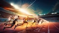 A group of athletes running on a track. AI generative image.