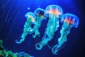 A group of Atlantic sea nettle jellyfish swims in an aquarium