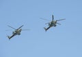 Group attack helicopters Mi-28N `Night hunter` over red square during the General rehearsal of the Victory parade.