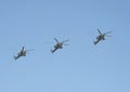 Group attack helicopters Mi-28N `Night hunter` over red square during the General rehearsal of the Victory parade. Royalty Free Stock Photo