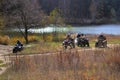 Group of ATVs in the forest. Moscow region. Russia. October 19, 2018 Royalty Free Stock Photo