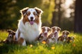 Group of Australian Shepherd puppies with mother and puppies in the park, Aussie dog mum with puppies playing on a green meadow