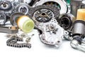 Group automobile engine parts on white Royalty Free Stock Photo