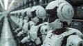A group of autonomous robots. Displacement of work by artificial intelligence. Future of manufacturing