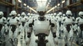 A group of autonomous robots. Displacement of work by artificial intelligence. Future of manufacturing