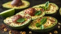 A group of avocado halves with lime and spices on a table, AI