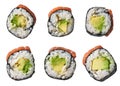 Group of avocado and salmon sushi maki isolated on white background Royalty Free Stock Photo