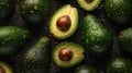 a group of avocados sitting on top of a table covered in rain drops and drops of water on the top of the avocados