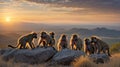 A Troop of Baboons Enjoying the Sunrise View from Atop Rocky Outcrop Royalty Free Stock Photo