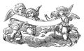 Vintage Antique Religious Biblical Drawing or Engraving of Baby Angels or Cherubs Holding Ornamental Ribbon Ready for