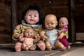 A group of baby dolls sitting in an old wooden house