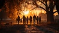 Group of back young people walking in the park at sunset. Selective focus. Generative AI