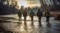 Group of backpackers fording cold river