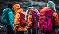 A group of backpackers smiling, hiking, and exploring nature together generated by AI