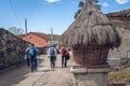 Group of backpackers walking near Palas de Rei in Lugo, Galicia, Spain