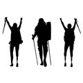 Group of backpackers, women with disabilities on a prosthetic leg. Set of black silhouettes on a white background