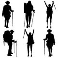 Group of backpackers, women and men with disabilities. Set of black silhouettes on a white isolated background