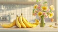 A group of bananas on a kitchen counter doing the worm the one in the front accidentally knocking over a vase of flowers