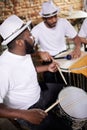 Group, band and music on drums for carnival, festival or creative performance at party in Brazil. Night, club and Royalty Free Stock Photo
