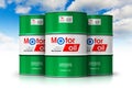 Group of barrels with motor oil lubricant against blue sky