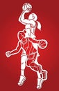 Group of Basketball Women Players Action Cartoon Sport Team