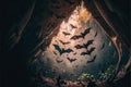 a group of bats flying in a cave with sunlight coming through the ceiling and a tree in the background with leaves on the ground