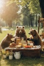 A group of bears sitting around a picnic basket. Generative AI image.