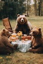 A group of bears sitting around a picnic table. Generative AI image.