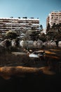 Group of beautiful koi fish and mallard duck in park pond, and high city buildings in background Royalty Free Stock Photo